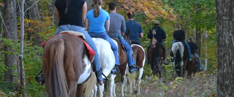 A line of riders on horseback following a forest trail at Autumn Breeze Stables