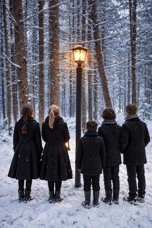 Children in winter coats gathered around a glowing lamppost in snowy spruce woods