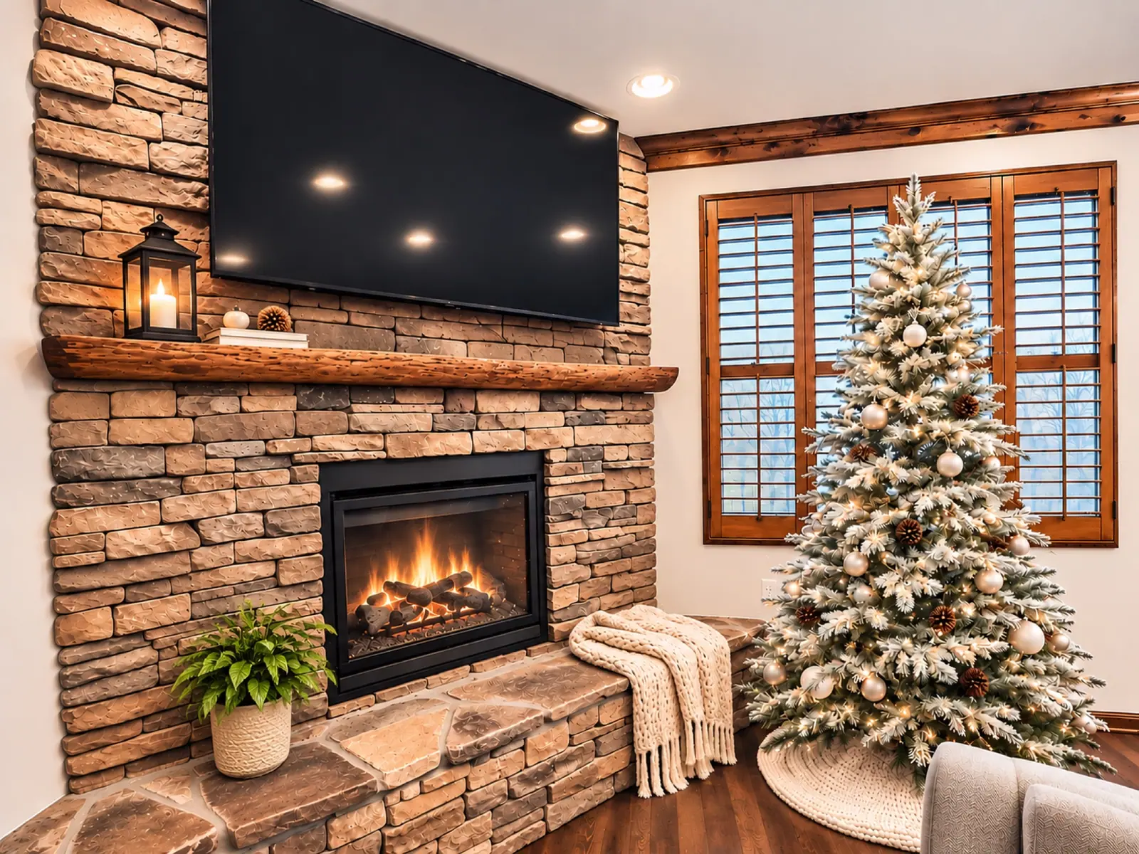 Living room at Black Bear 32 with a stone gas fireplace and TV above