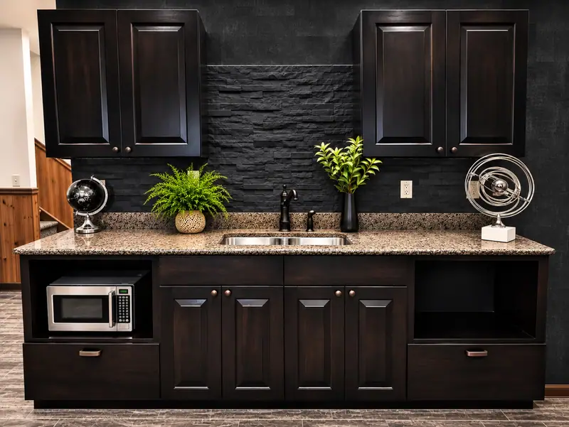 Wet bar in the Black Bear 32 game room with dark cabinets and a microwave