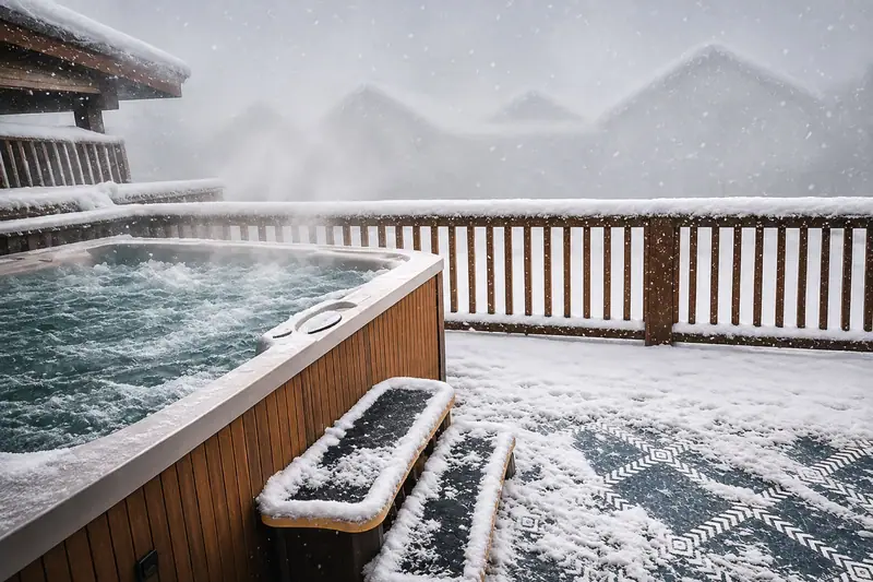 Private hot tub on the Black Bear 32 deck in fresh snow