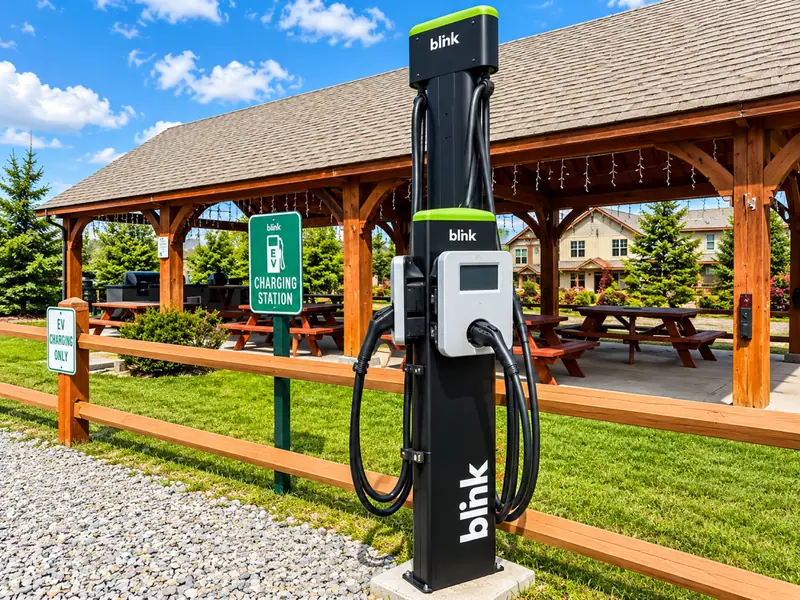 Blink EV charger beside the pavilion at Black Bear Crossing
