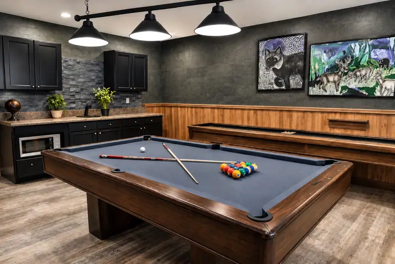 Pool table in the Black Bear 32 game room, with the wet bar and shuffleboard behind