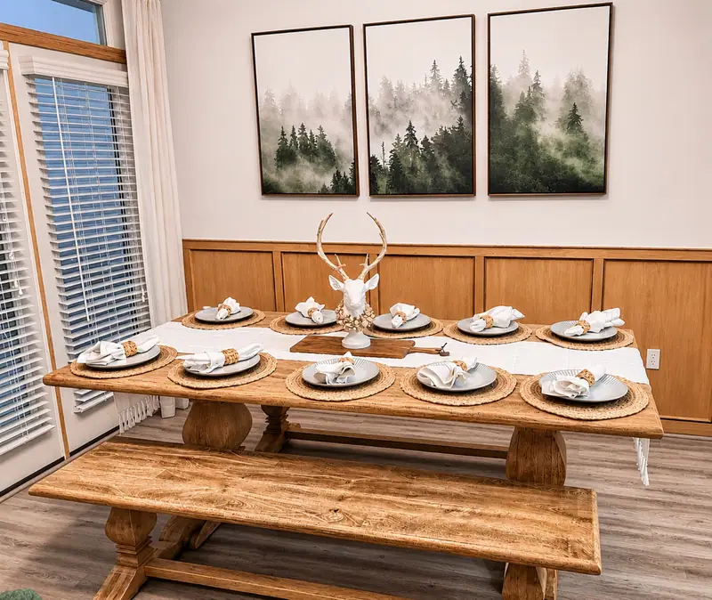 Dining table at Black Bear 33 with a bench, set for a group under misty forest prints