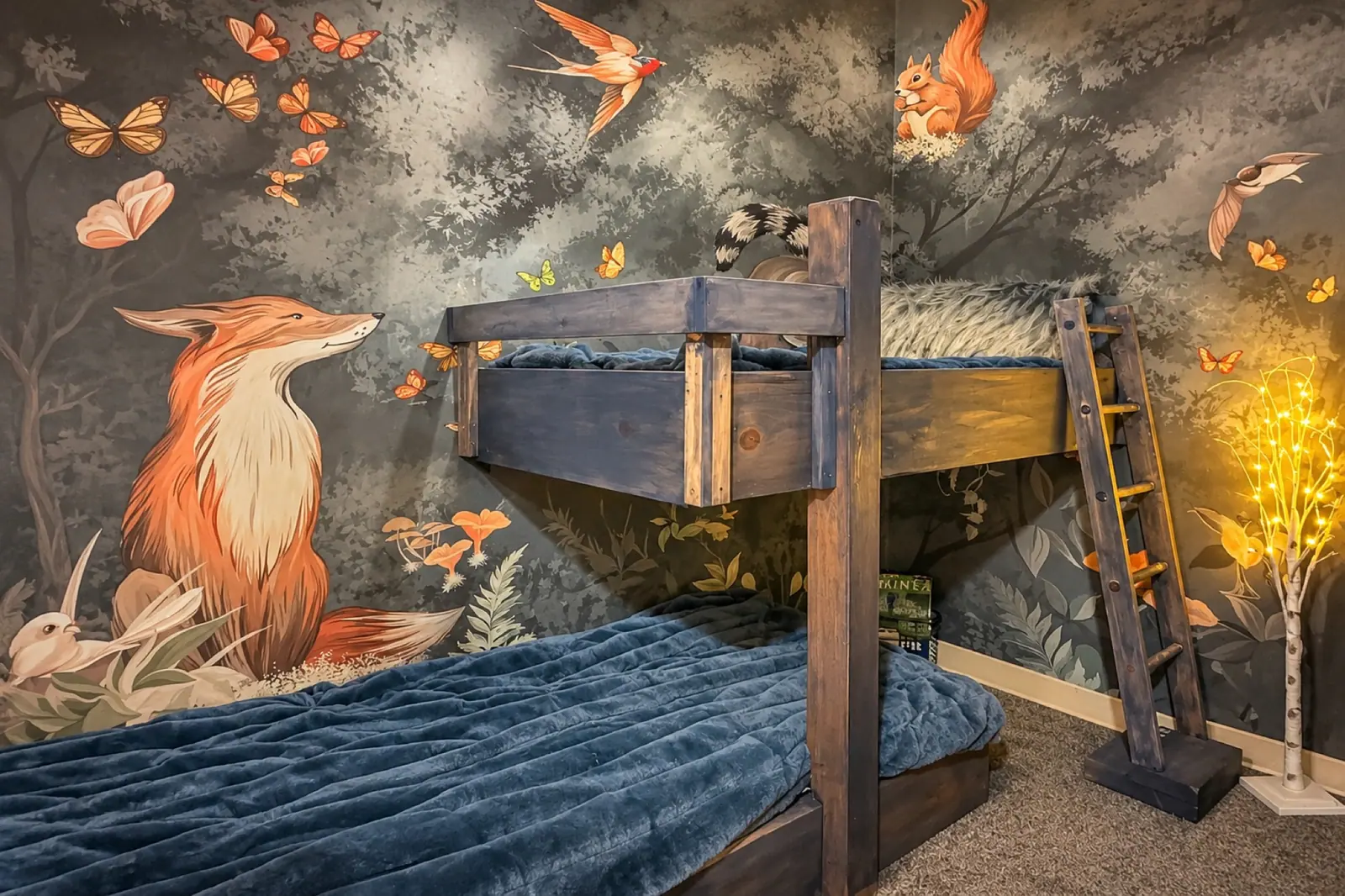 The enchanted forest room at Black Bear 33, a small bunk under a fox and woodland mural