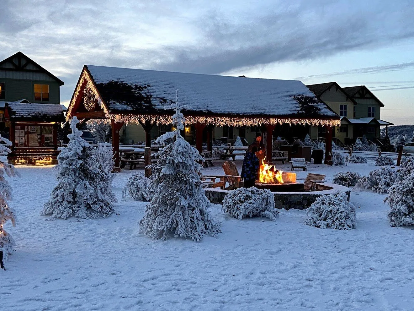 The pavilion and fire pit under fresh snow