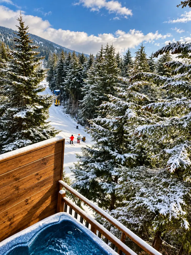 The snowy slope and spruce seen from a Loggers Run deck, with the hot tub below