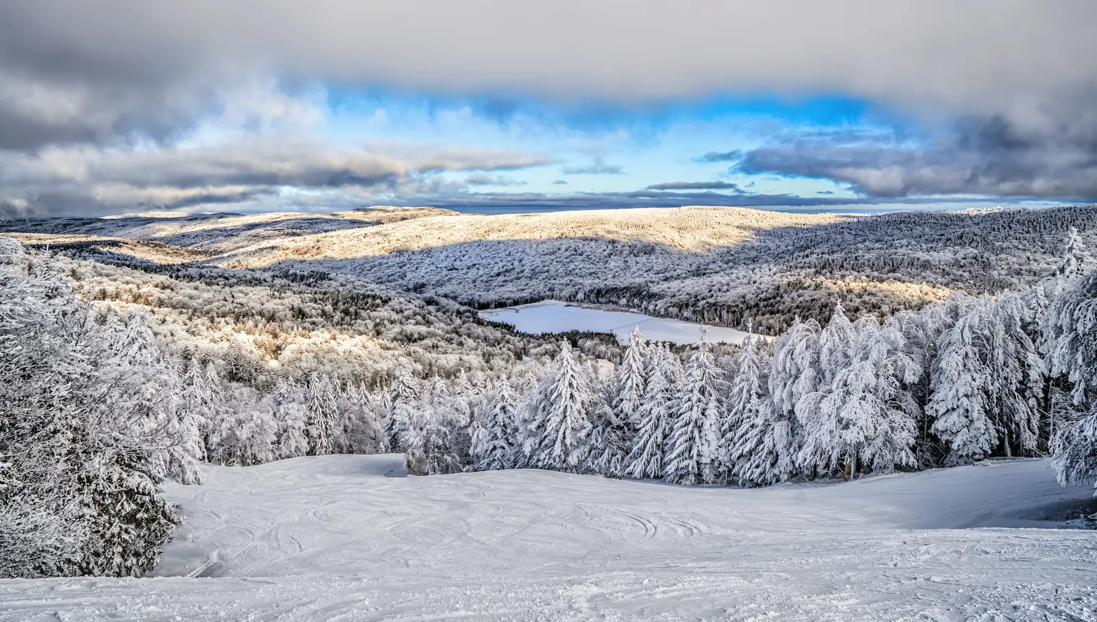 Snow-covered spruce and a long view across the ridges at Snowshoe