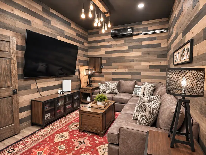 Rec room at Loggers Run 12 with a sectional, a big wall TV and a red rug