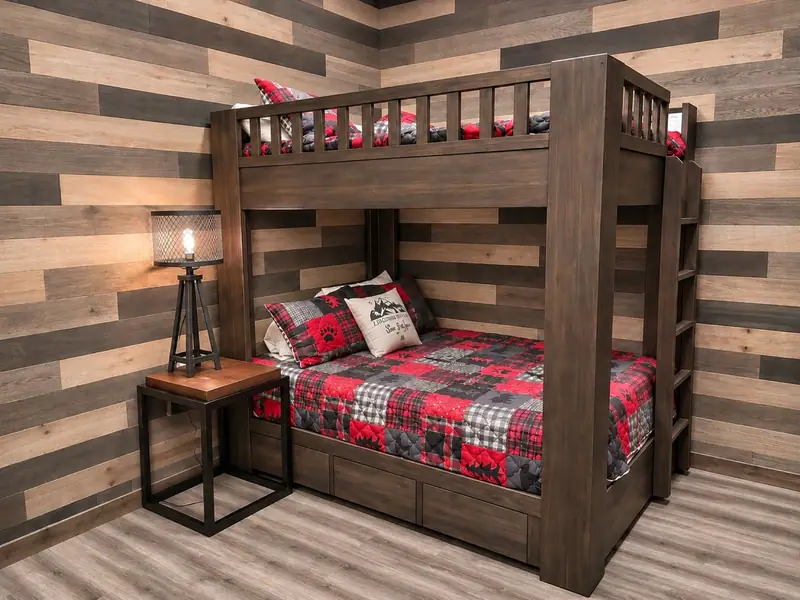 Bunk of two full beds with red plaid bedding in the Loggers Run 12 rec room