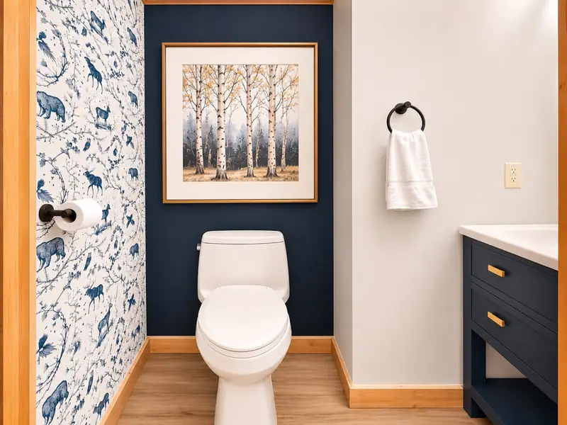 Half bath at Loggers Run 12 with birch wallpaper and a navy wall