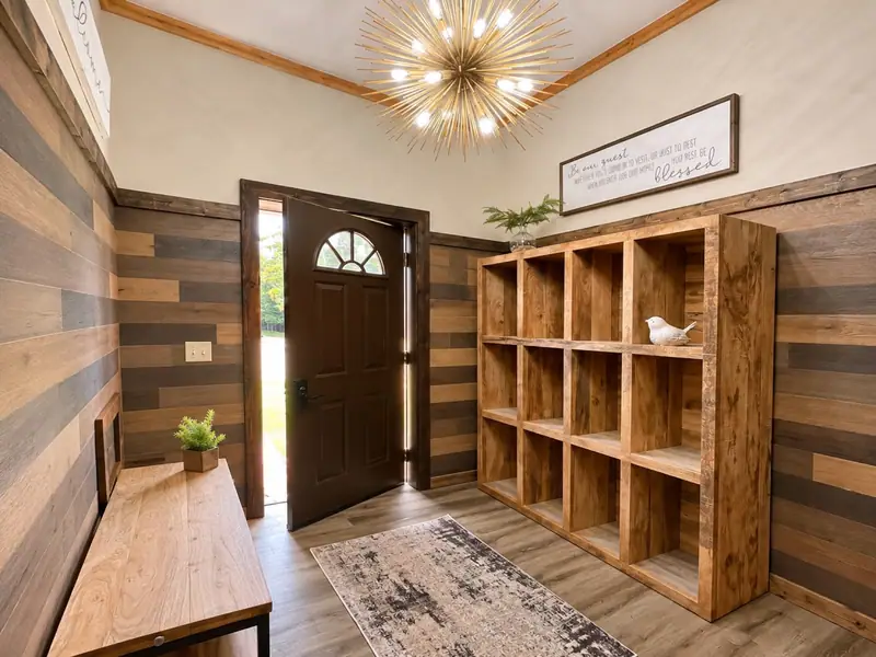 Entry at Loggers Run 12 with a wood front door, cubbies and a starburst light