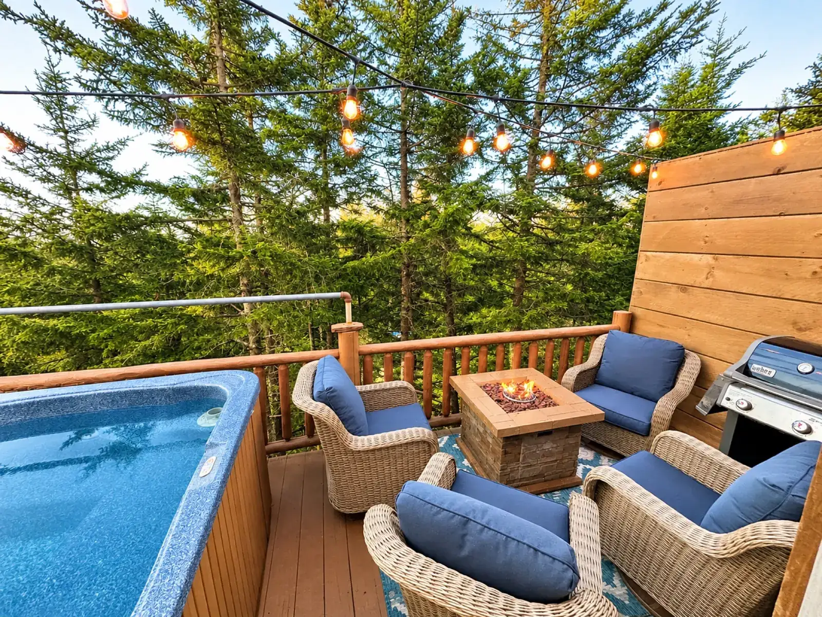 Private hot tub, fire table and wicker seating on the Loggers Run 12 deck in summer