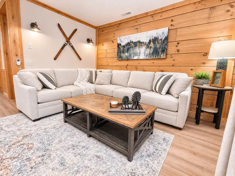 White sectional and wood coffee table in the Loggers Run 12 living room