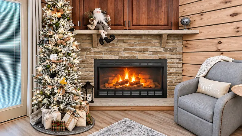 Gas fireplace at Loggers Run 12 with a stone surround and a decorated tree
