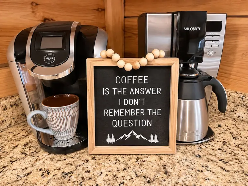 Coffee station at Loggers Run 12 with a Keurig and a letter board sign