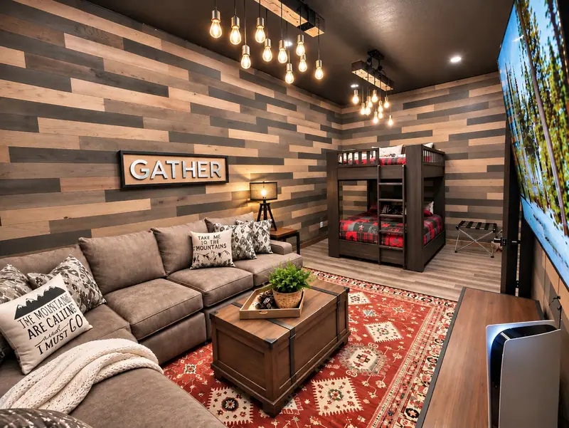 The Loggers Run 12 rec room, a converted garage with a sectional, barnwood walls and a bunk