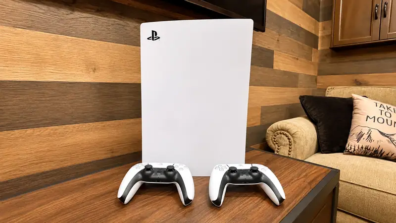 PS5 and two controllers in the Loggers Run 12 rec room