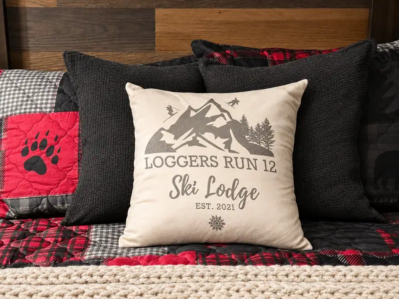 Loggers Run 12 Ski Lodge pillow on a plaid bed
