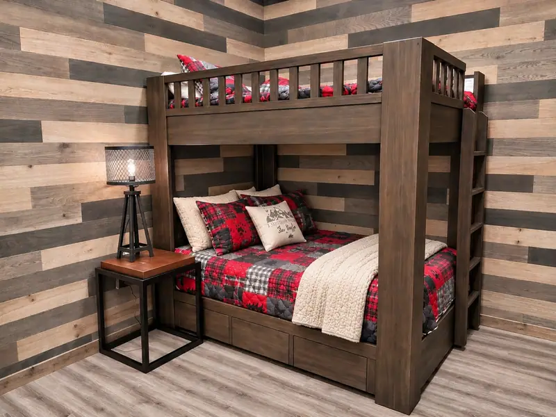 Full-over-full bunk with red plaid bedding at Loggers Run 12