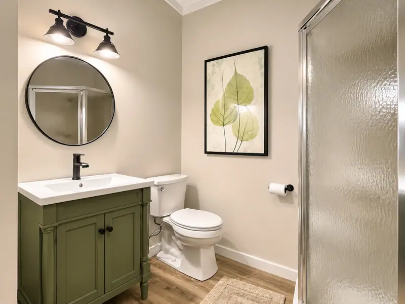 Bathroom at Loggers Run 12 with a green vanity and a glass shower