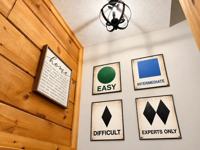 Ski trail difficulty signs on the wall at Loggers Run 12