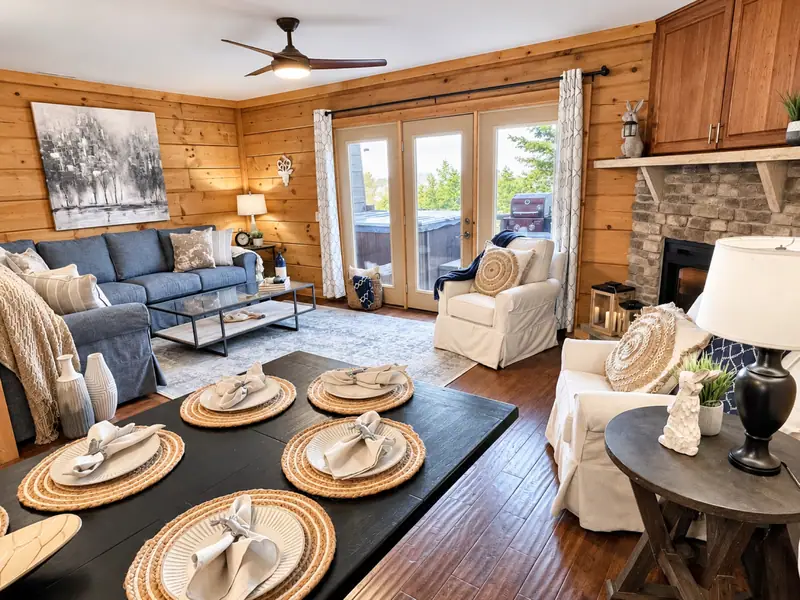 Dining table set for a group at Loggers Run 16, with the living room beyond