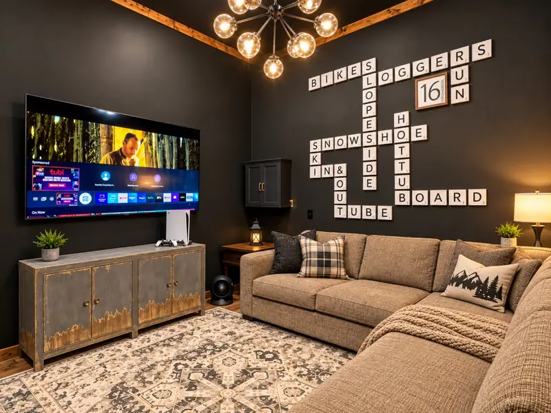 Game room at Loggers Run 16 with a sectional, a big TV and a Scrabble wall