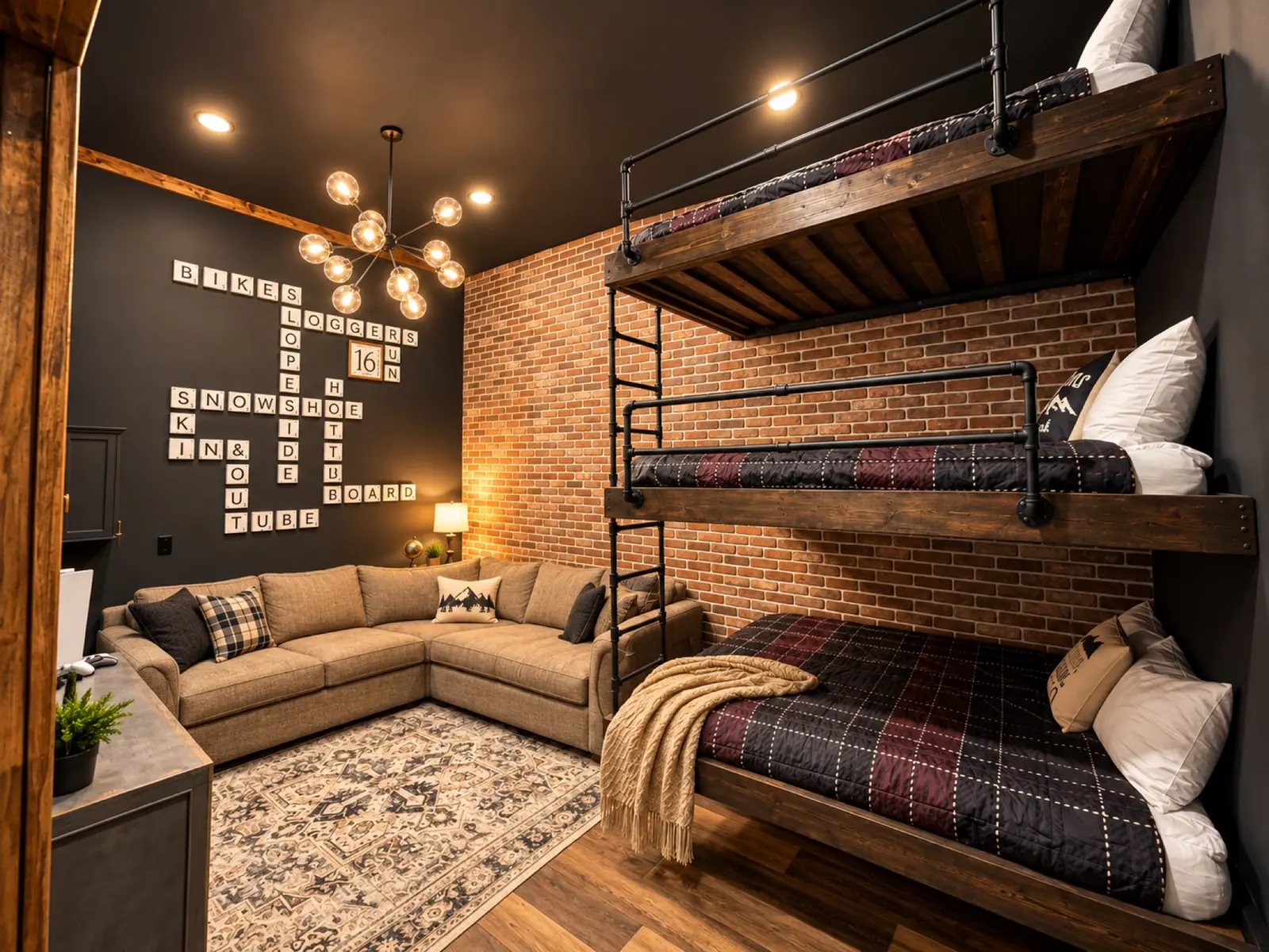 Rec room at Loggers Run 16 with the suspended triple bunk