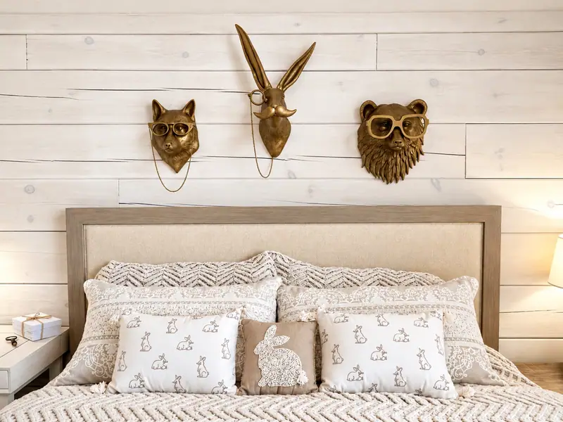 King bed at Loggers Run 16 with brass animal mounts on a white shiplap wall