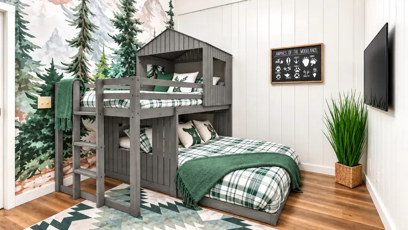 Forest bunk room at Loggers Run 16 with a cabin-style bunk and a plant