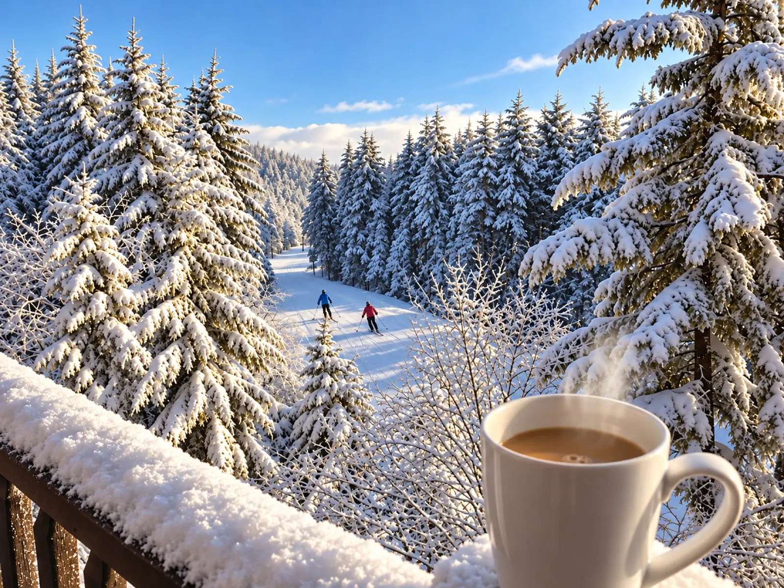 A mug of coffee on the snowy deck rail at Loggers Run 16, looking out at the slope