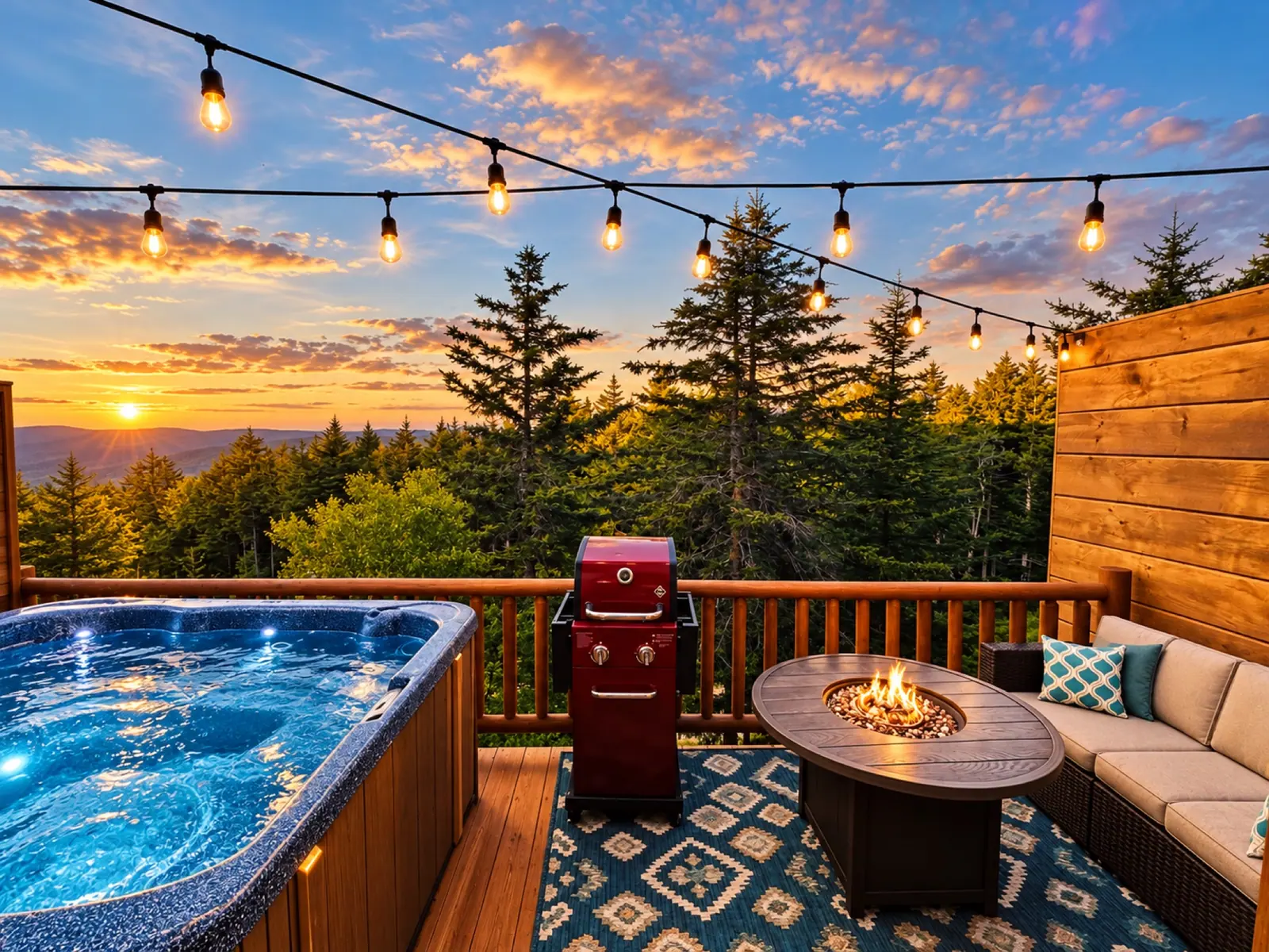 The Loggers Run 16 deck at sunrise, with the hot tub, grill, and string lights