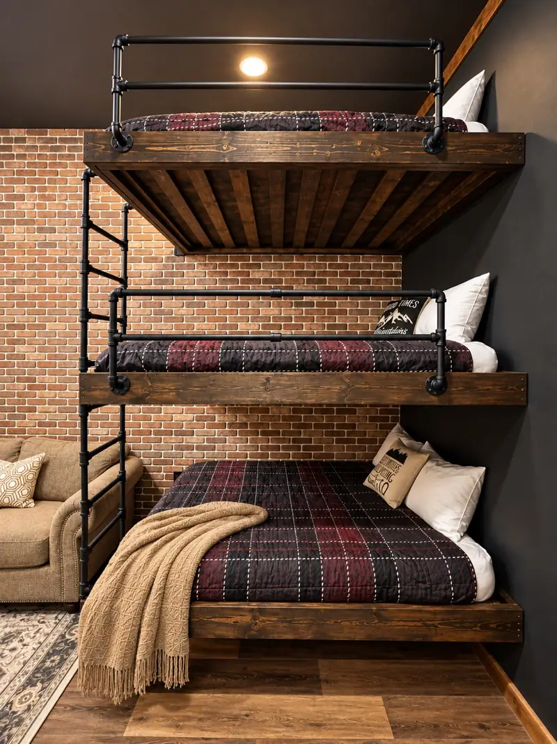 Industrial triple bunk against a brick wall at Loggers Run 16