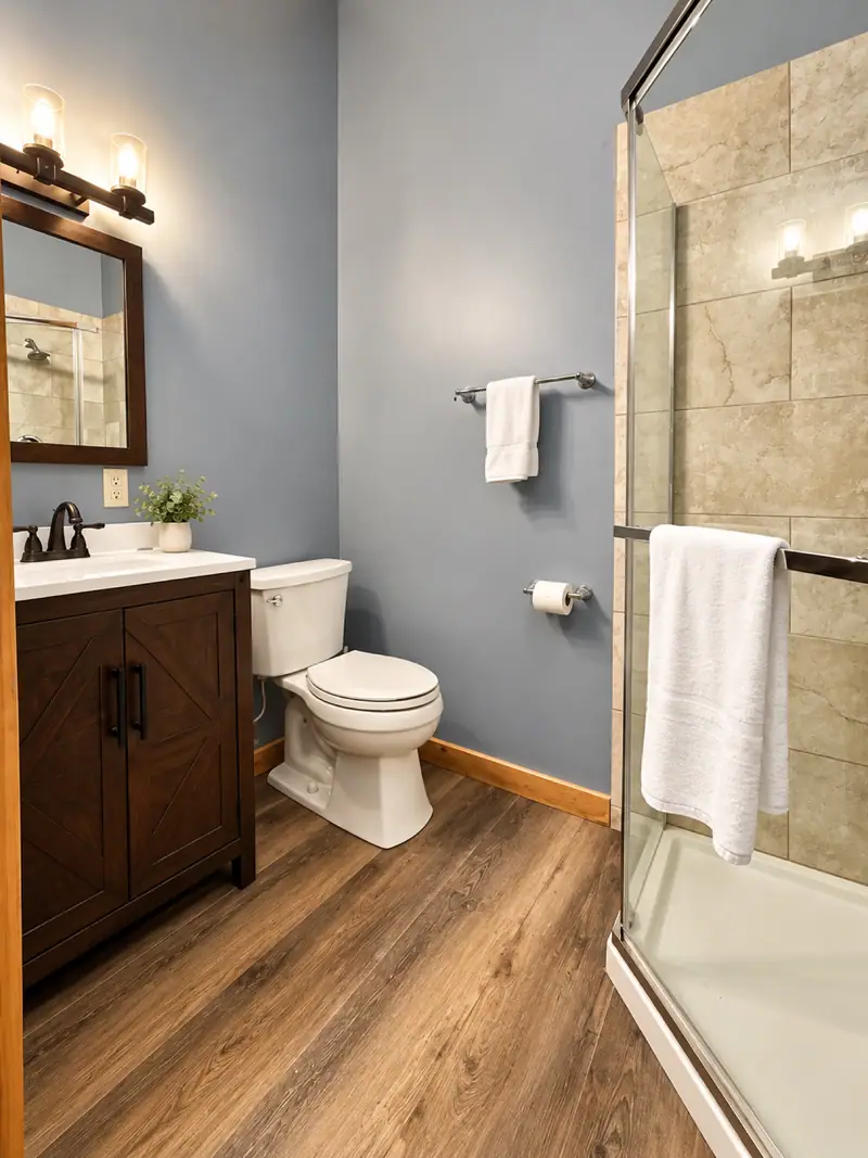 Bathroom at Loggers Run 16 with a dark vanity and a glass shower