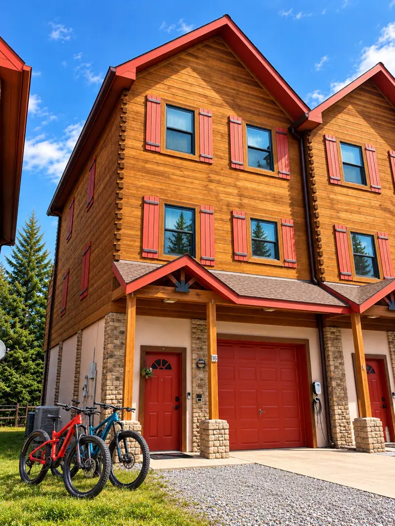 Front of the Loggers Run 16 townhome in summer, with bikes by the garage