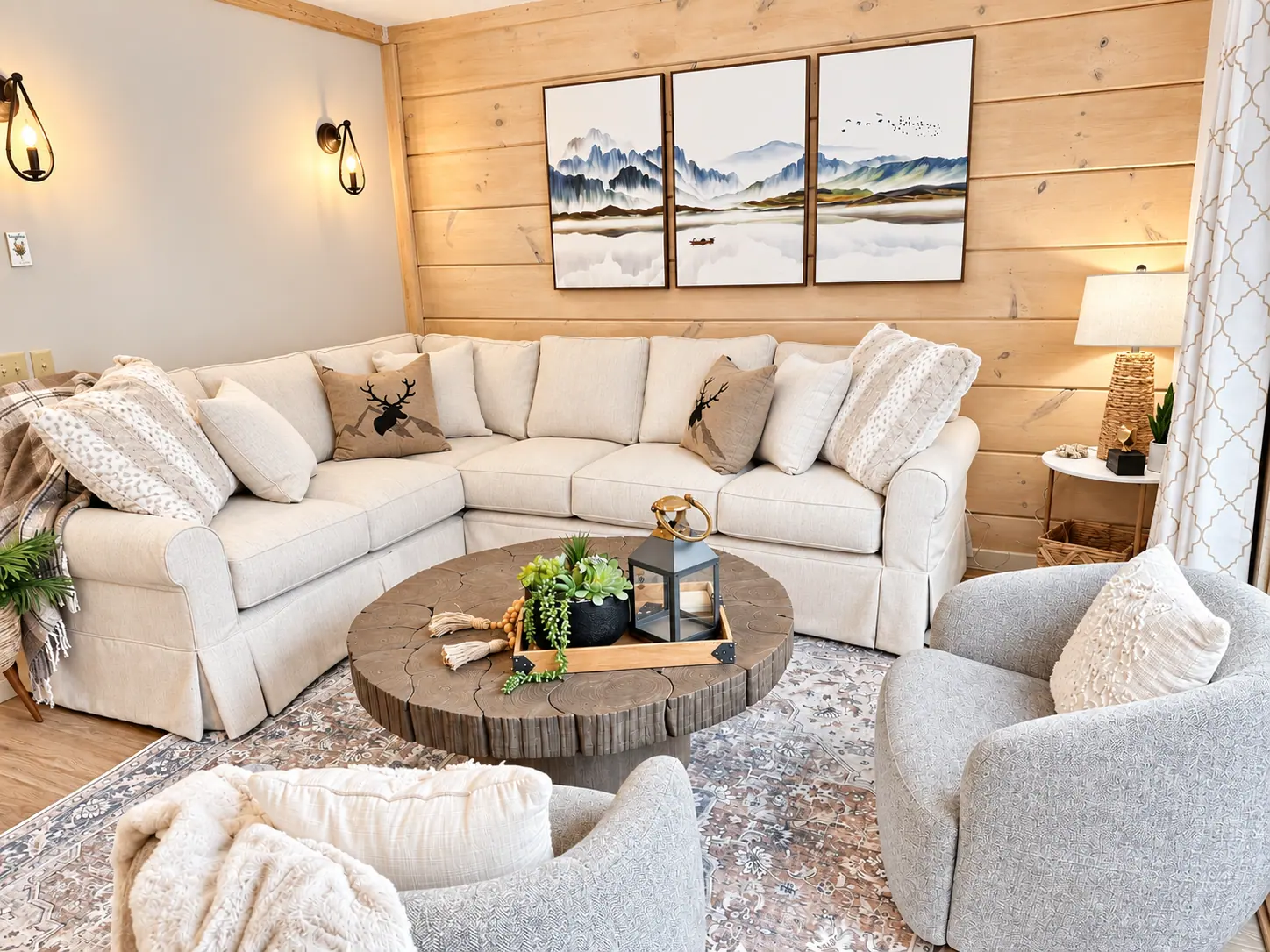 Living room at Loggers Run 4 with a sectional and wood walls