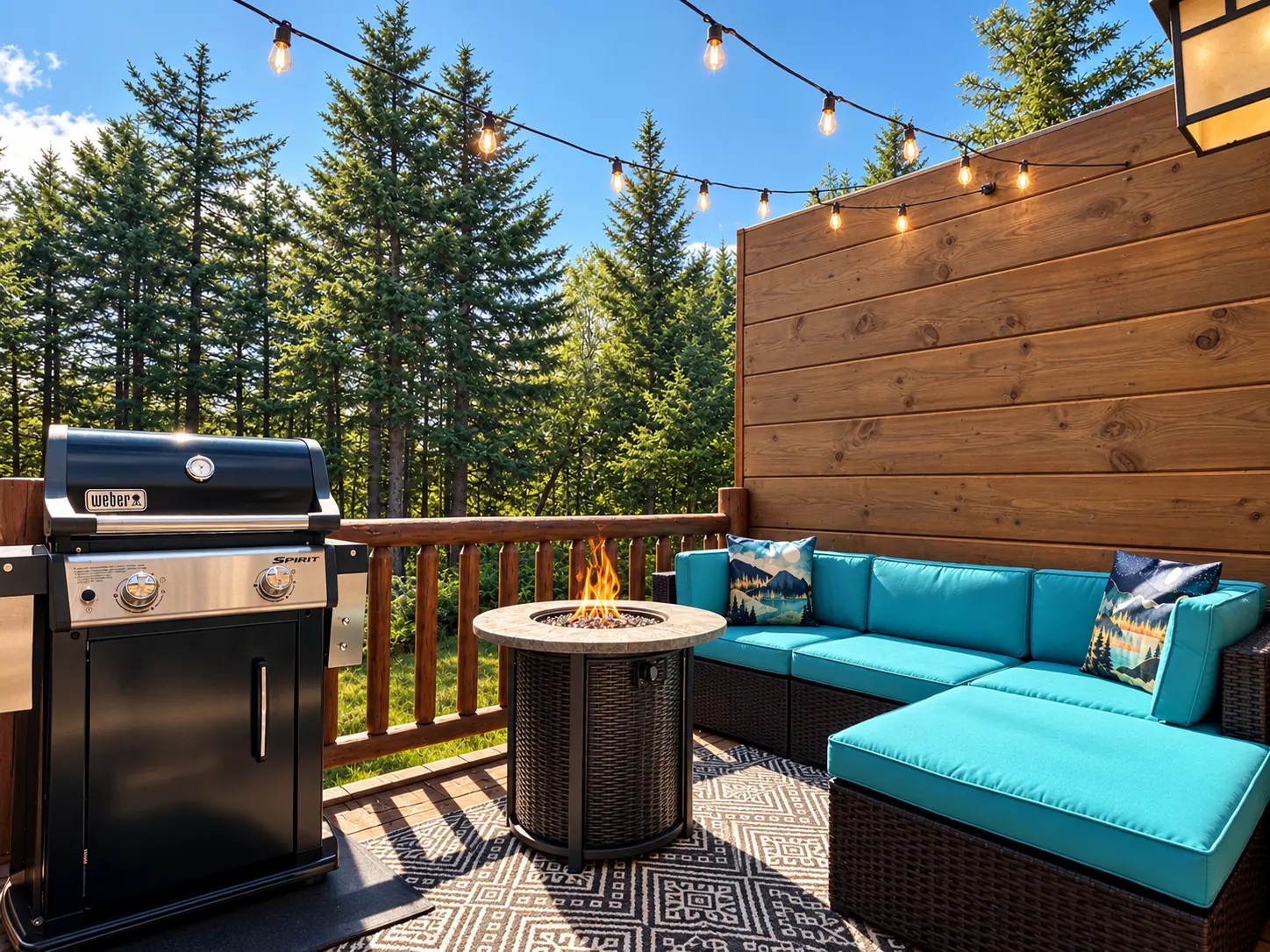 Deck at Loggers Run 4 with a grill and fire pit table in summer
