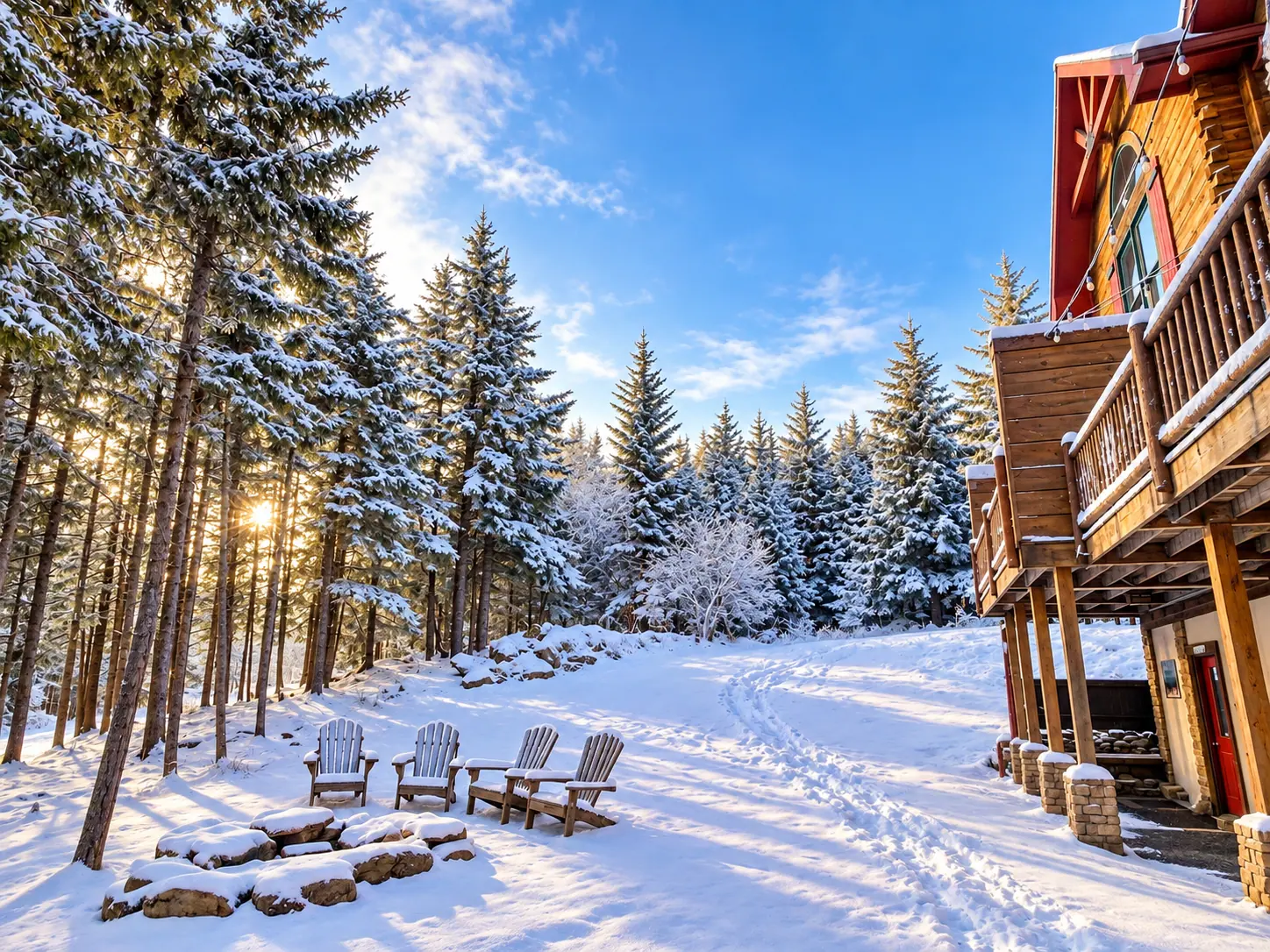 Snowy back yard at Loggers Run 4 at sunrise with Adirondack chairs around a fire pit