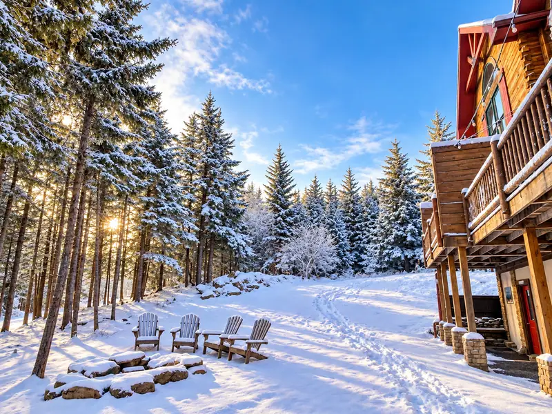 Snowy back yard at Loggers Run 4 at sunrise with Adirondack chairs around a fire pit