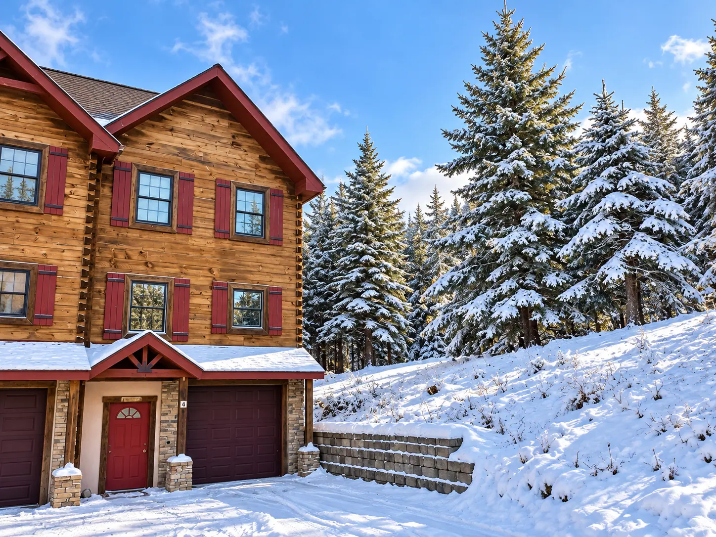 Front of Loggers Run 4 in winter, a log townhome with red trim and garage doors