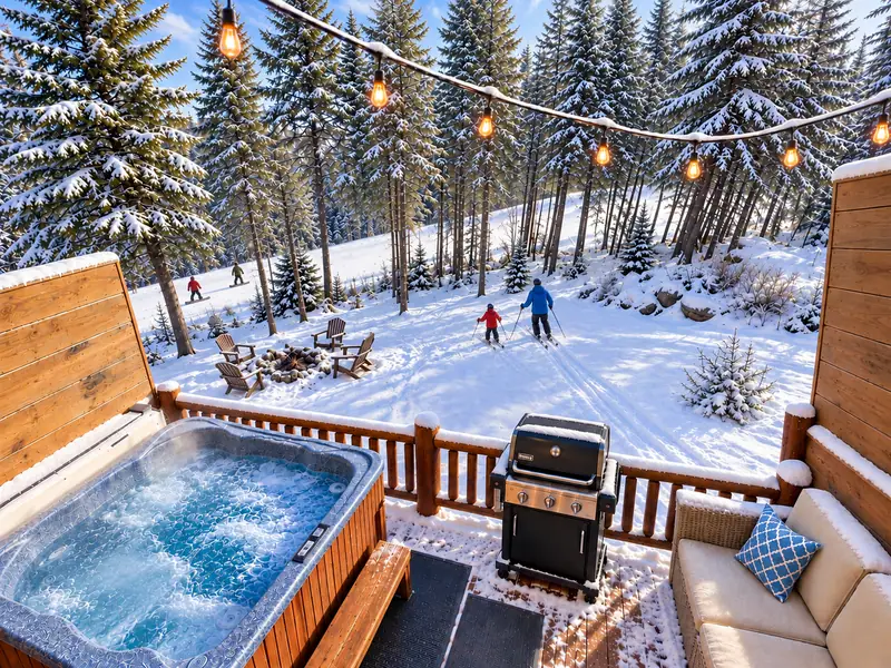 Private hot tub and grill on the Loggers Run 4 deck in winter, with snowy yard below