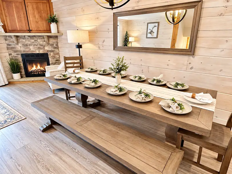 Set dining table at Loggers Run 4 with the stone fireplace in the background