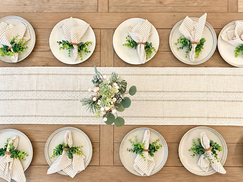 Overhead view of place settings on the Loggers Run 4 dining table