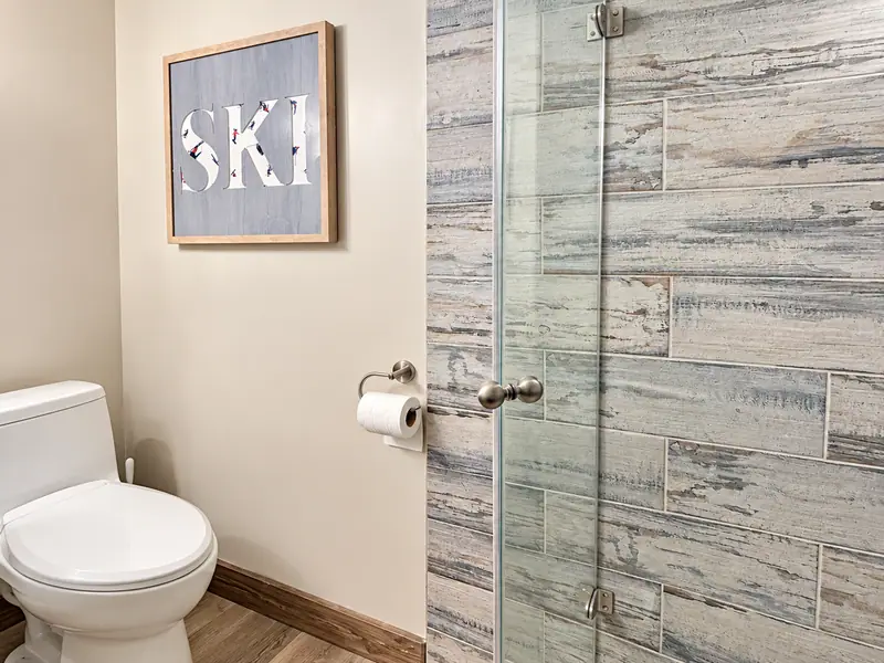 Lower-level bathroom at Loggers Run 4 with a glass shower and gray stone tile