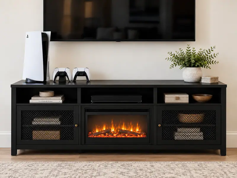 Media console at Loggers Run 4 with a wall TV, PS5 and electric fireplace