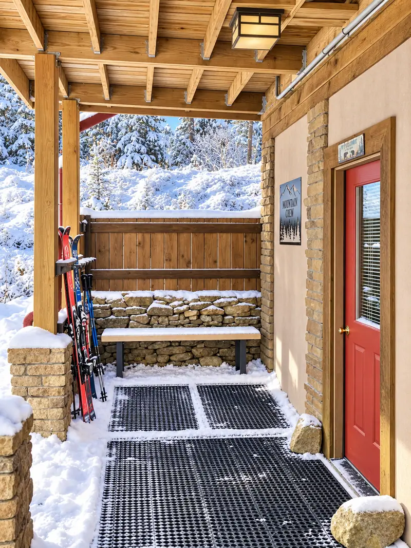 Covered ski storage area outside Loggers Run 4 with a boot mat