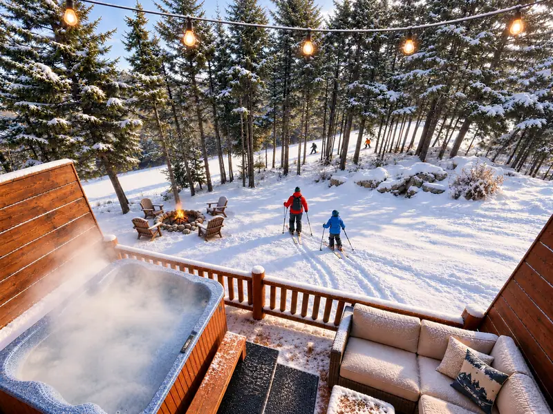 Hot tub on the Loggers Run 4 deck looking out over the snowy back yard