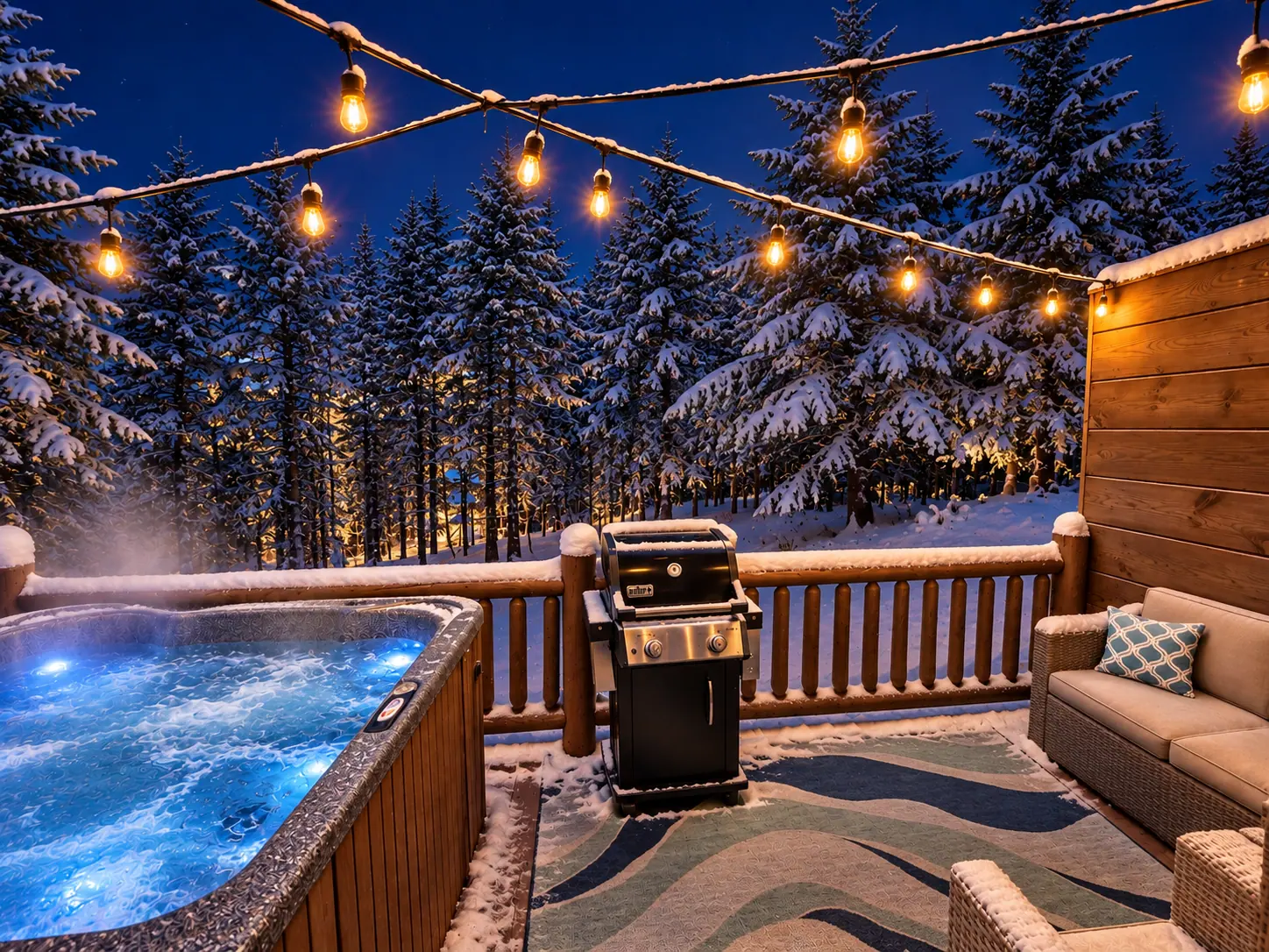 Loggers Run 4 deck at night with string lights, glowing hot tub and grill