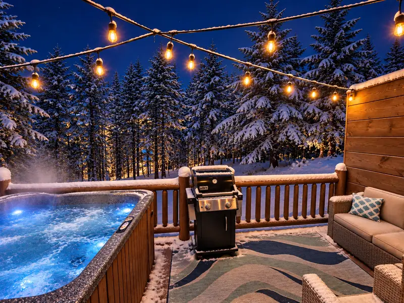 Loggers Run 4 deck at night with string lights, glowing hot tub and grill